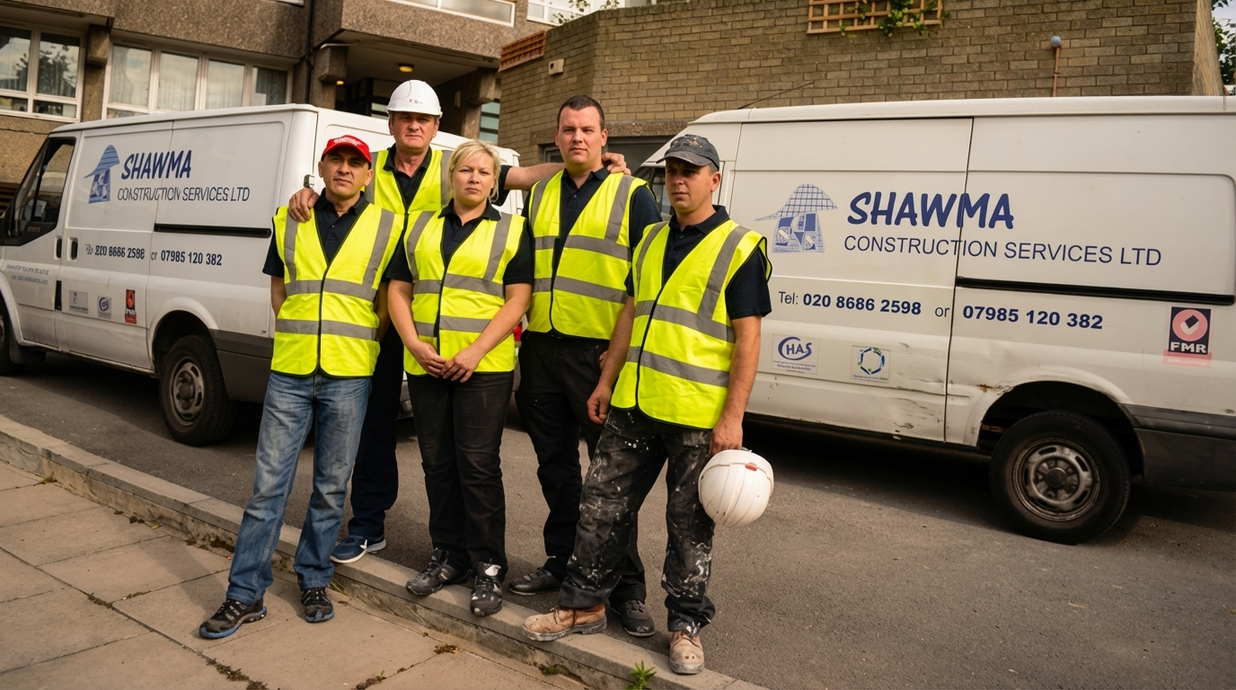 Shawma Construction team standing in front of company vans